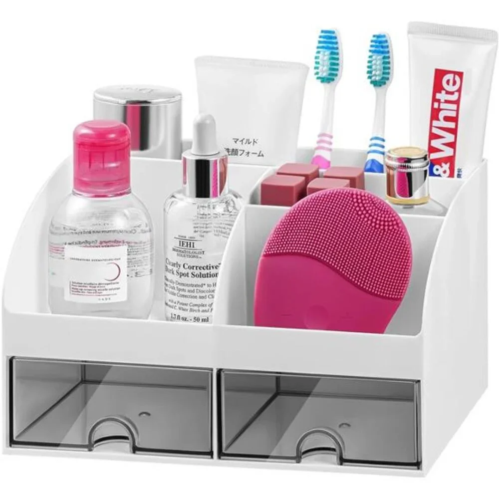 Toothbrush Holder Bathroom Counter Organizer 5 Slots Drawers Vanity Storage Whit